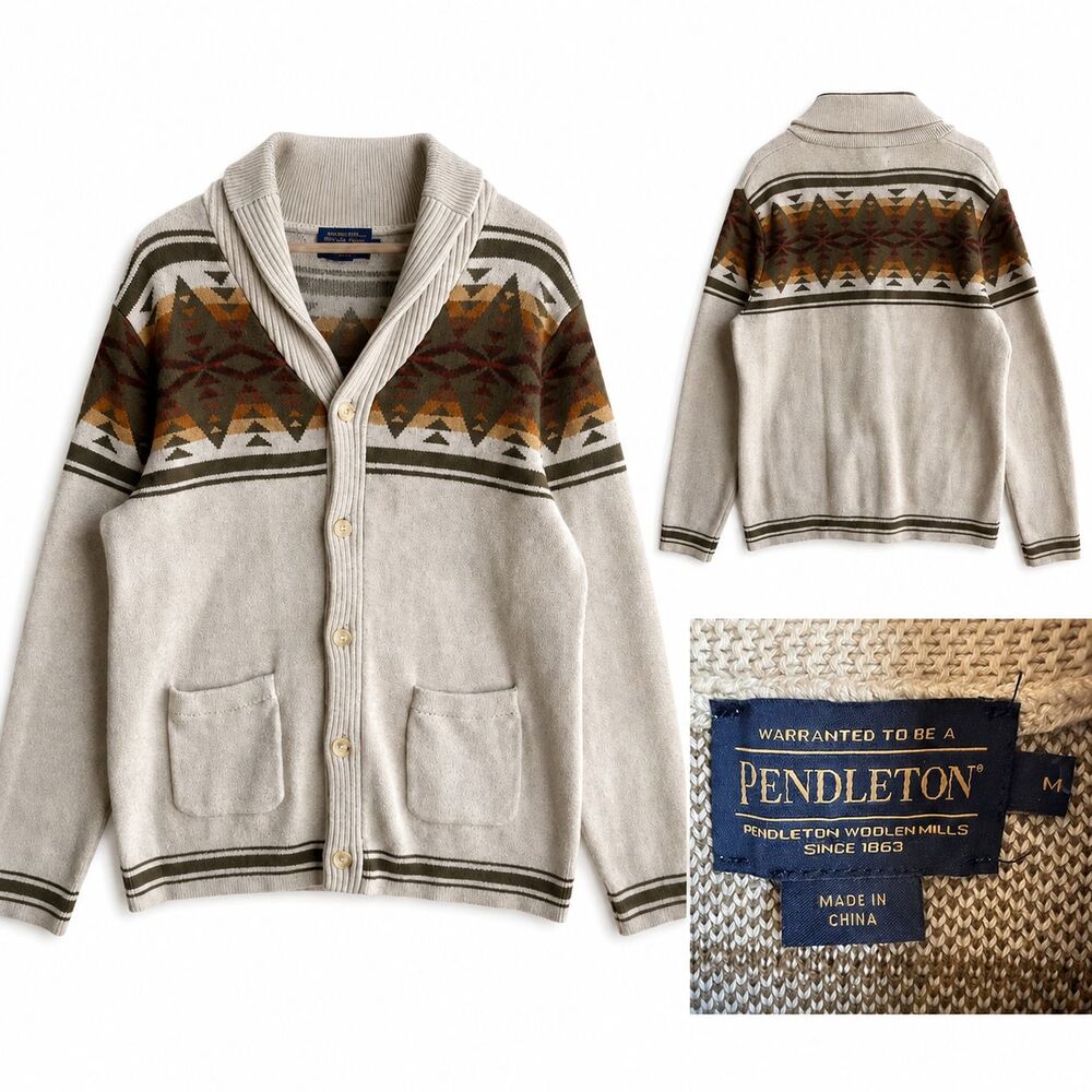 Pendleton Men’s Medium Shawl Cardigan Sweater Southwest Aztec Knit Beige Cotton